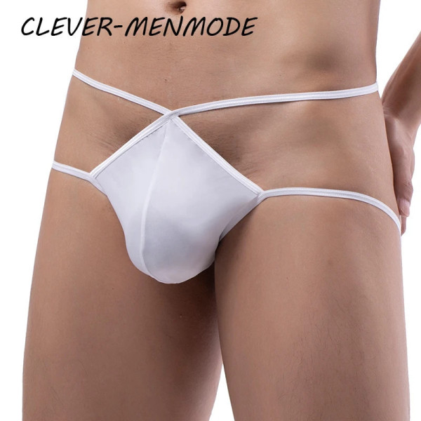 Men's Sexy String Cross Belt Underwea Ice Silk Raised Penis Bag Thong G String T Back Lingerie Crotch Panties Sex Gay Bikini 18+