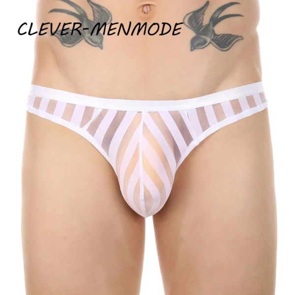 CLEVER-MENMODE Sexy Men's Underwear Transparent See Through Striped Thong Breathable Mesh Bikini U Convex Bulge Pouch Panties