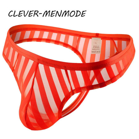 CLEVER-MENMODE Sexy Men's Underwear Transparent See Through Striped Thong Breathable Mesh Bikini U Convex Bulge Pouch Panties