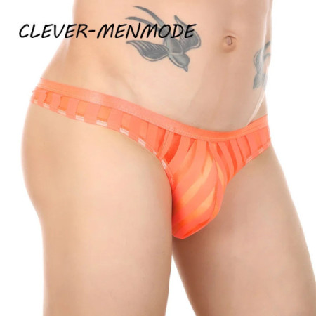 CLEVER-MENMODE Sexy Men's Underwear Transparent See Through Striped Thong Breathable Mesh Bikini U Convex Bulge Pouch Panties