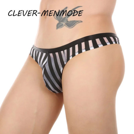 CLEVER-MENMODE Sexy Men's Underwear Transparent See Through Striped Thong Breathable Mesh Bikini U Convex Bulge Pouch Panties