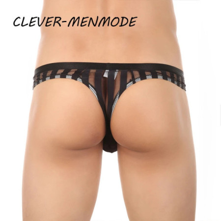 CLEVER-MENMODE Sexy Men's Underwear Transparent See Through Striped Thong Breathable Mesh Bikini U Convex Bulge Pouch Panties