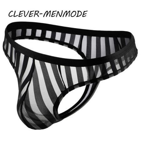 CLEVER-MENMODE Sexy Men's Underwear Transparent See Through Striped Thong Breathable Mesh Bikini U Convex Bulge Pouch Panties