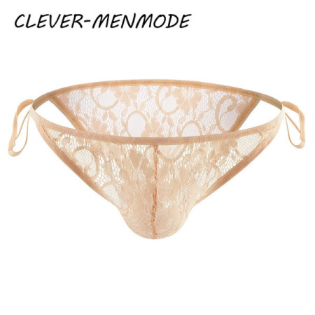 CLEVER-MENMODE Men's Sexy Lace Briefs Exotic Crossdress Lingerie See Through Adjustable Underwear Breathable Side Tie Panties